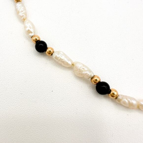 14k Yellow Gold Estate Freshwater Pearl and Black Onyx Necklace Vintage Estate - Picture 13 of 13
